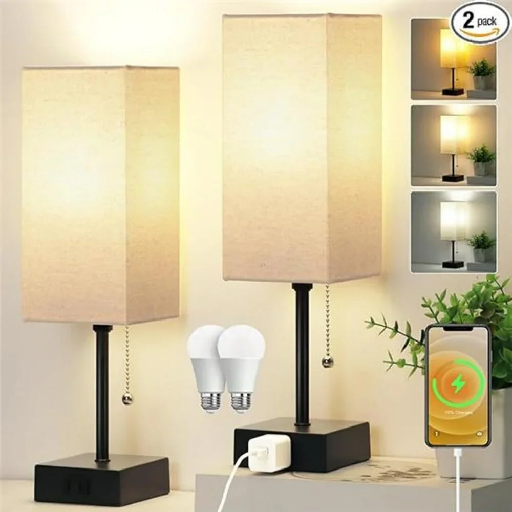Set of 2 Small Bedroom Table Lamps with AC Outlet Pull Chain and LED Bulbs - Picture 7 of 7